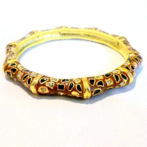 Gold Tone Rhinestone Accented Leopard Print Enameled Bangle Bracelet